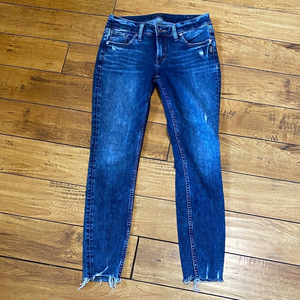 Silver Jeans Medium Blue Distressed Ankle Skinny Jeans